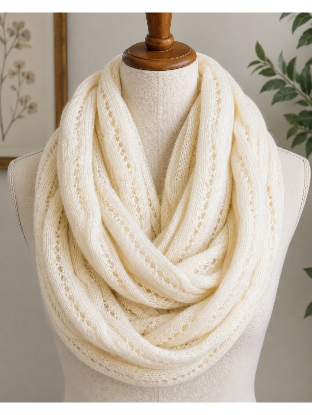 Celeste Wool Cashmere Cable Knit Infinity Scarf Cream Ivory 62” Cozy Winter